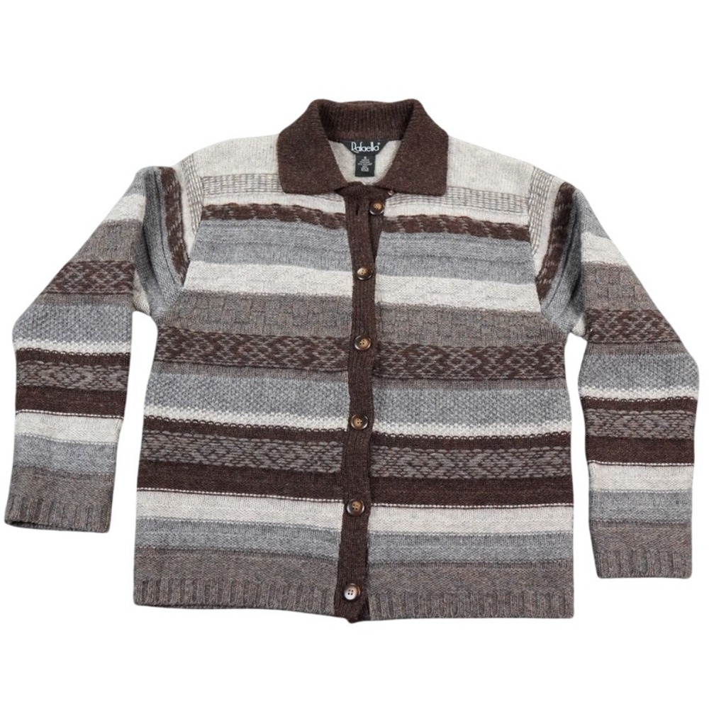 VTG Rafaella Cardigan Sweater Women Small Brown Striped 100% Shetland Wool